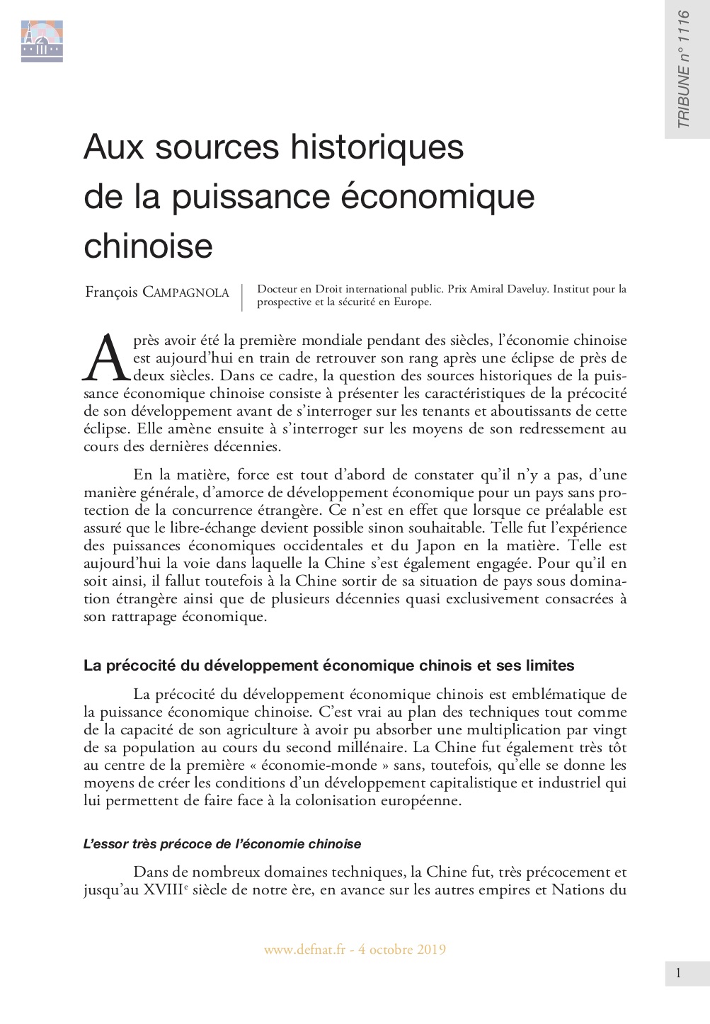 Aux sources historiques de la puissance économique chinoise (T 1116)
